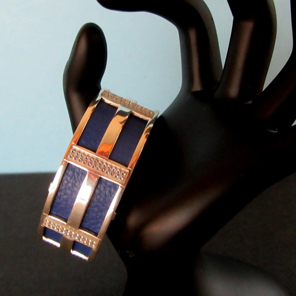 BRIGHTON Christo Rhone silver plate cuff rhinestone bracelet set navy reversible
